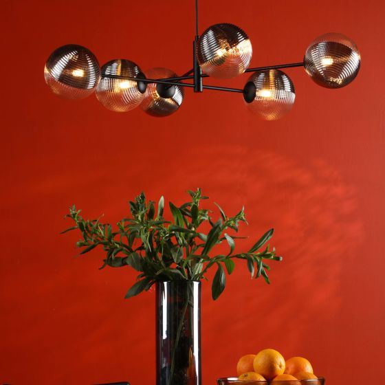 Där Lighting Vignette 6 Light Pendant Matt Black & Smoked/Clear Ribbed Glass