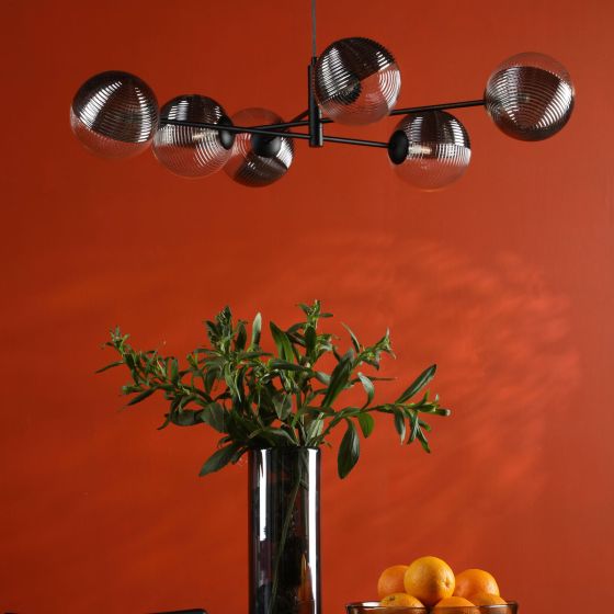 Där Lighting Vignette 6 Light Pendant Matt Black & Smoked/Clear Ribbed Glass