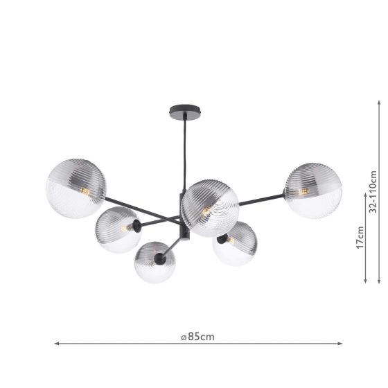 Där Lighting Vignette 6 Light Pendant Matt Black & Smoked/Clear Ribbed Glass