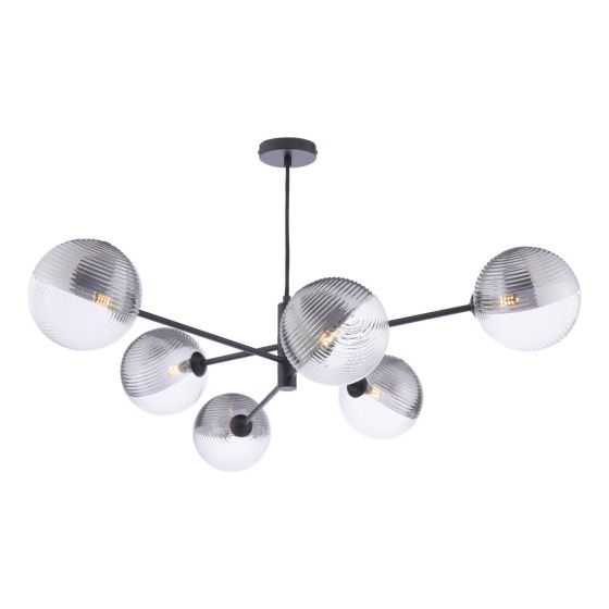 där lighting Vignette 6 Light Pendant Matt Black & Smoked/Clear Ribbed Glass