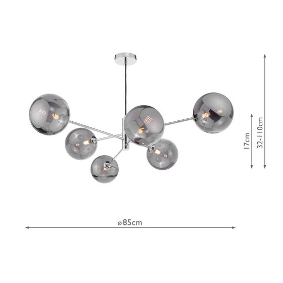 Där Lighting Vignette 6 Light Pendant Polished Chrome And Large Smoked Glass