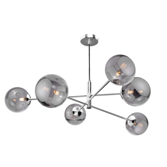 där lighting Vignette 6 Light Pendant Polished Chrome and Large Smoked Glass