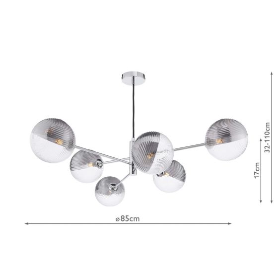 Där Lighting Vignette 6 Light Pendant Polished Chrome & Smoked/Clear Ribbed Glass