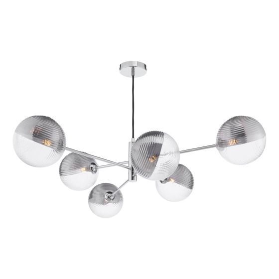 där lighting Vignette 6 Light Pendant Polished Chrome & Smoked/Clear Ribbed Glass