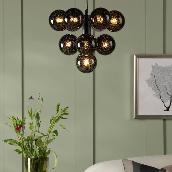 Där Lighting Vine 10 Light Pendant Matt Black And Black Confetti Glass