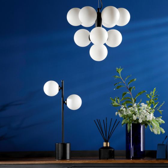 Där Lighting Vine 10 Light Pendant Satin Black & Opal Glass