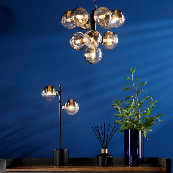 Där Lighting Vine 10 Light Pendant Satin Black & Smoked/Clear Ribbed Glass