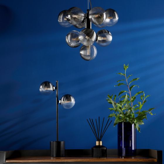 Där Lighting Vine 10 Light Pendant Satin Black & Smoked/Clear Ribbed Glass