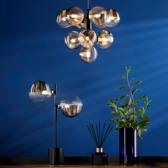 Där Lighting Vine 10 Light Pendant Satin Black & Smoked/Clear Ribbed Glass