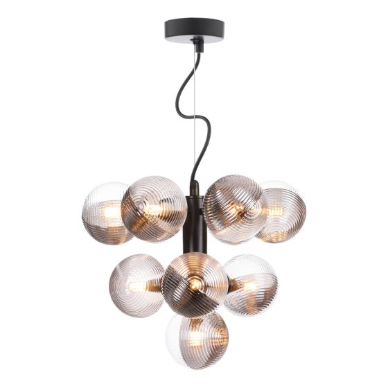 där lighting Vine 10 Light Pendant Satin Black & Smoked/Clear Ribbed Glass