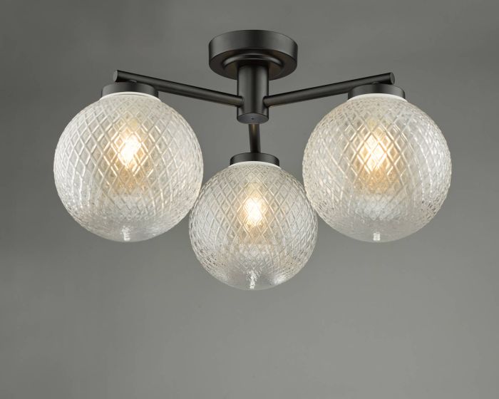Där Lighting Wayne Bathroom 3 Light Semi Flush Matt Black Glass IP44