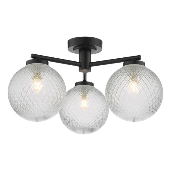 där lighting Wayne Bathroom 3 Light Semi Flush Matt Black Glass IP44