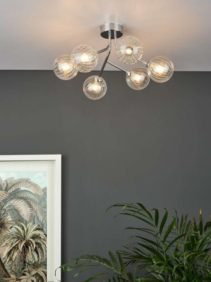 Där Lighting Yiska 6 Light Semi Flush Polished Chrome Ribbed Glass