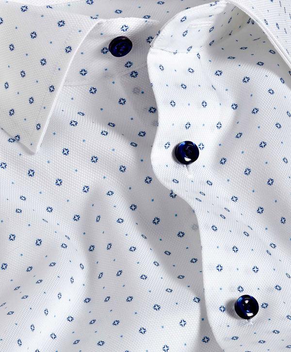 David Donahue RBSP11200135 | White & Blue Textured Neat Print Dress Shirt Shirt