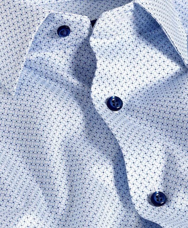 David Donahue TBSP11205135 | White & Blue Geometric Print Dress Shirt Shirt