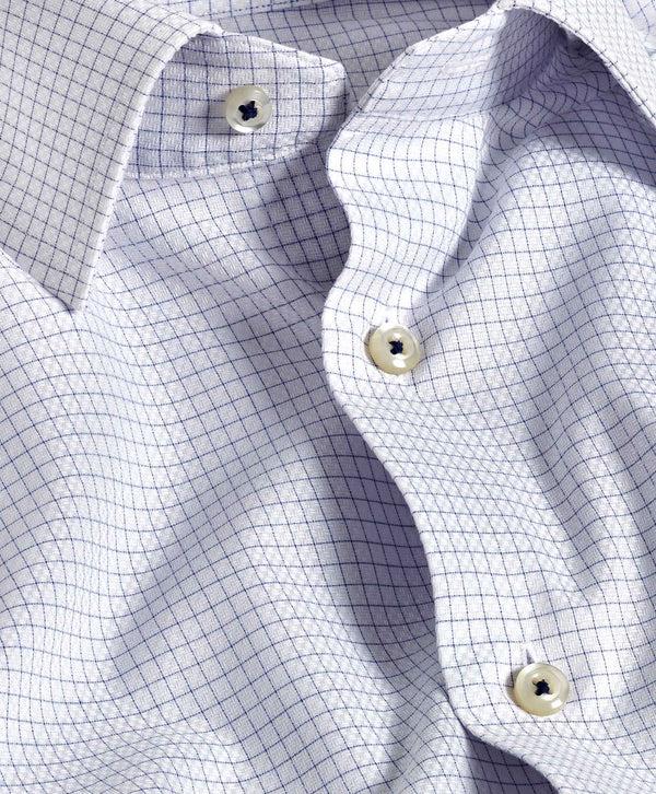David Donahue TBSP11800135 | White & Blue Dobby Check Dress Shirt Shirt