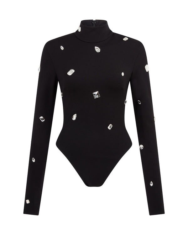 david koma ALLOVER CRYSTAL EMBROIDERED BODYSUIT BLACK/SILVER