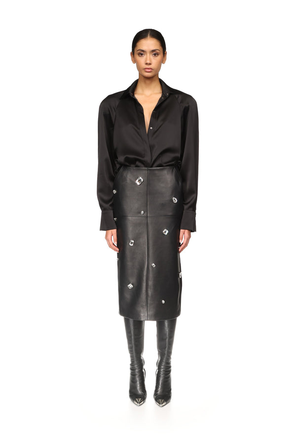 David Koma ALLOVER CRYSTAL EMBROIDERED LEATHER MIDI SKIRT BLACK/SILVER