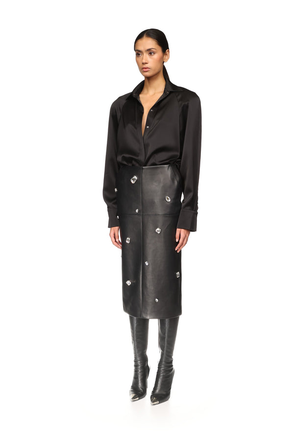 David Koma ALLOVER CRYSTAL EMBROIDERED LEATHER MIDI SKIRT BLACK/SILVER