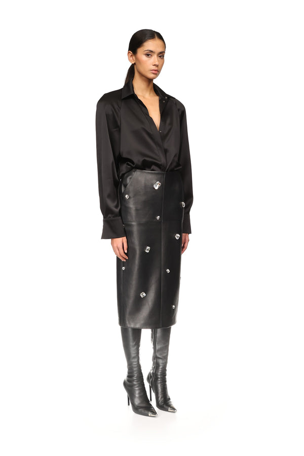 David Koma ALLOVER CRYSTAL EMBROIDERED LEATHER MIDI SKIRT BLACK/SILVER