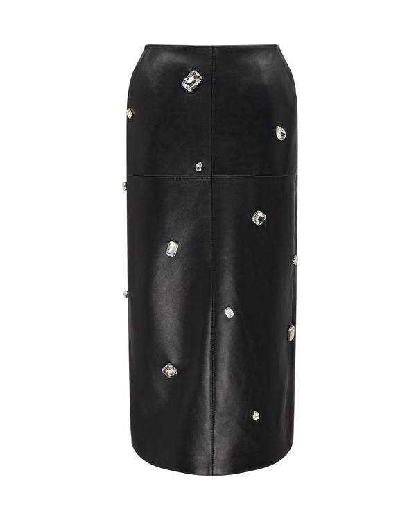 david koma ALLOVER CRYSTAL EMBROIDERED LEATHER MIDI SKIRT BLACK/SILVER