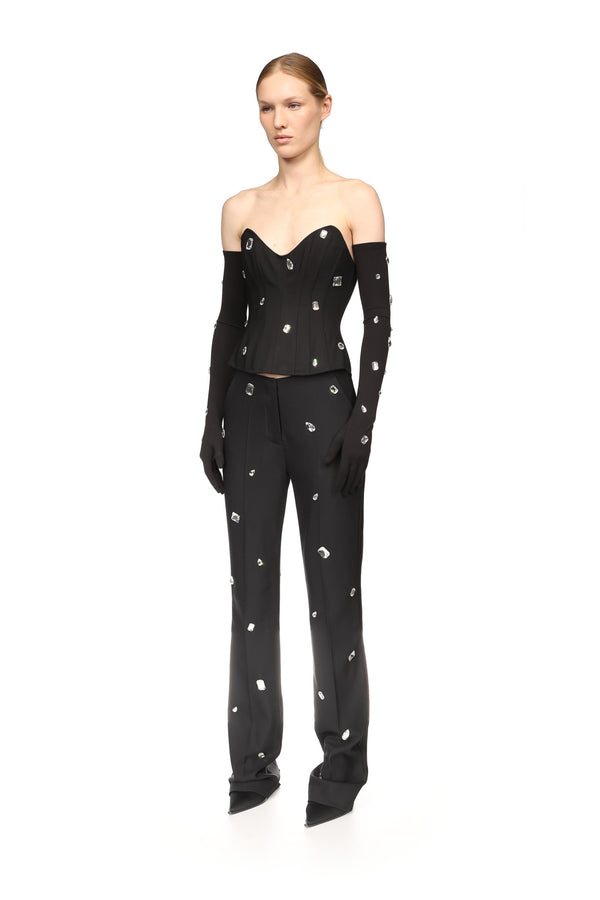 David Koma ALLOVER CRYSTAL EMBROIDERED LONG JERSEY GLOVES BLACK/SILVER