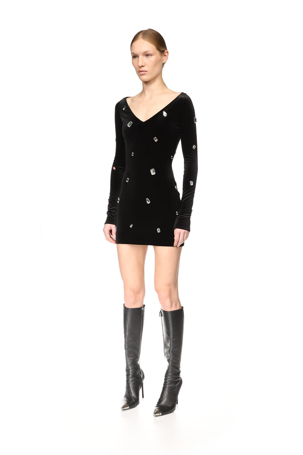 David Koma ALLOVER CRYSTAL EMBROIDERED VELVET MINI DRESS BLACK/SILVER