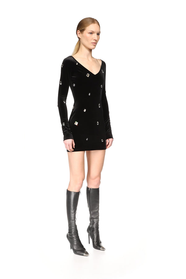David Koma ALLOVER CRYSTAL EMBROIDERED VELVET MINI DRESS BLACK/SILVER