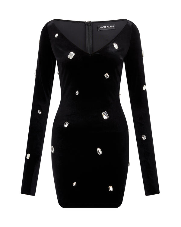 david koma ALLOVER CRYSTAL EMBROIDERED VELVET MINI DRESS BLACK/SILVER