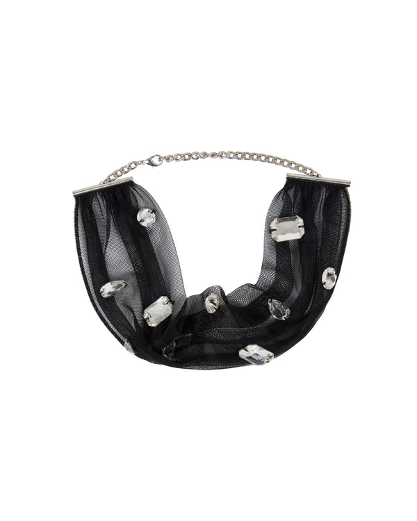 david koma ALLOVER CRYSTAL EMBROIDERY TULLE CHOKER IN BLACK BLACK/SILVER