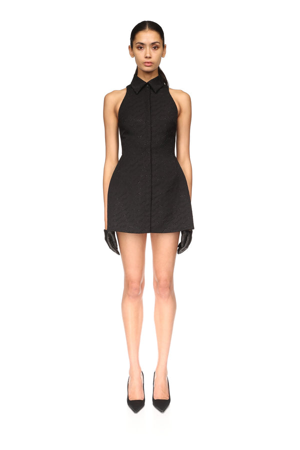 David Koma ALLOVER RHINESTONE EMBROIDERED MINI POLO DRESS BLACK/BLACK