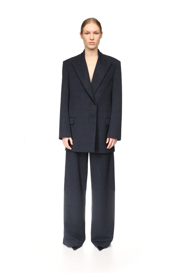 David Koma ALLOVER RHINESTONE EMBROIDERED TAILORED TROUSERS NAVY/BLACK