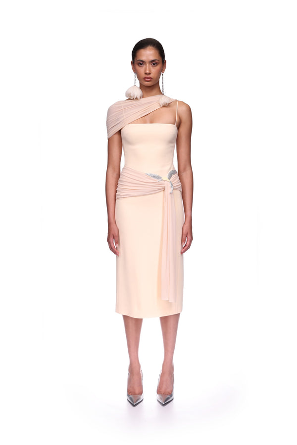 David Koma ASYMMETRIC CADY MIDI DRESS WITH CRYSTAL HUMMINGBIRD BLACK/PINK/SILVER
