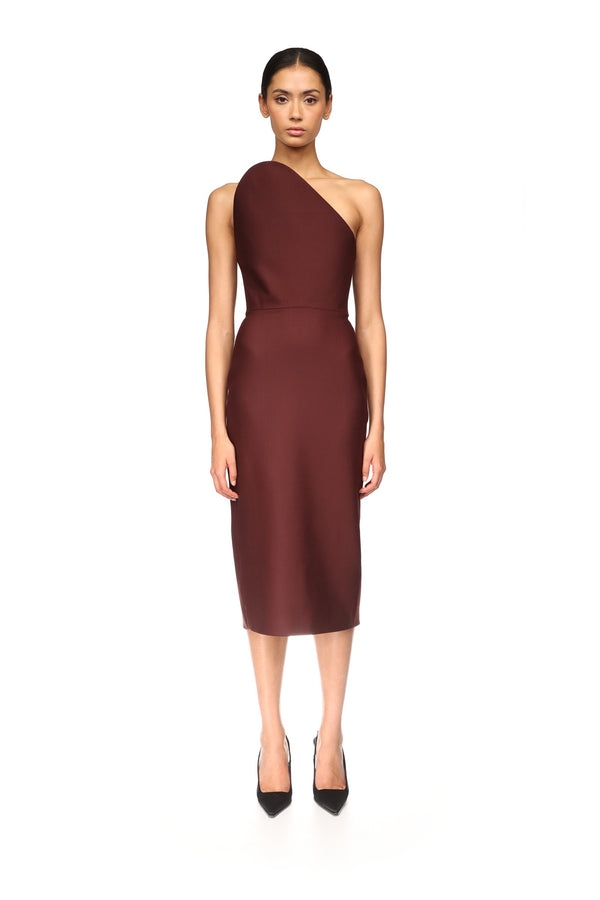 David Koma ASYMMETRIC CUT STRAPLESS MIDI DRESS BURGUNDY