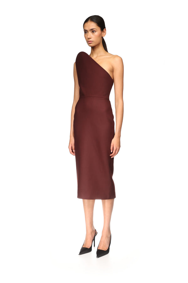 David Koma ASYMMETRIC CUT STRAPLESS MIDI DRESS BURGUNDY