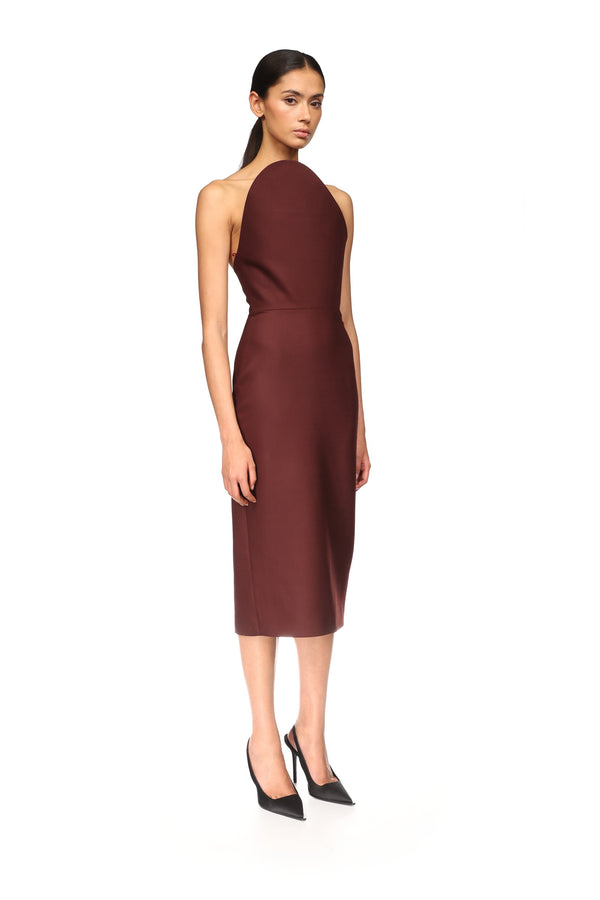 David Koma ASYMMETRIC CUT STRAPLESS MIDI DRESS BURGUNDY