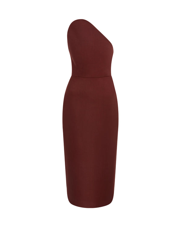 david koma ASYMMETRIC CUT STRAPLESS MIDI DRESS BURGUNDY