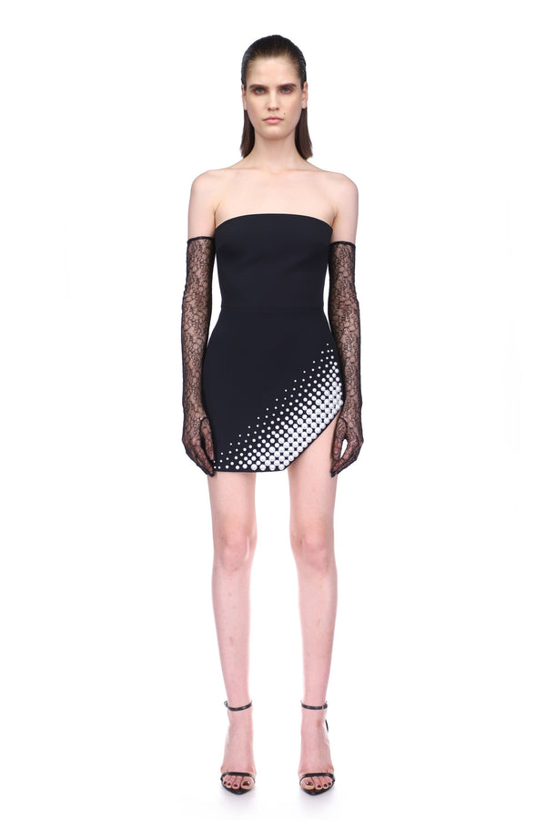 David Koma ASYMMETRIC PEARL EMBROIDERY MINI DRESS IN WHITE WHITE/WHITE