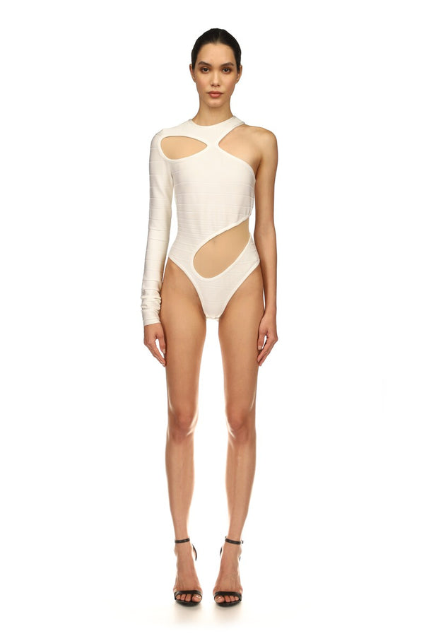 David Koma ASYMMETRIC RIB KNIT BODYSUIT IN WHITE WHITE/BEIGE