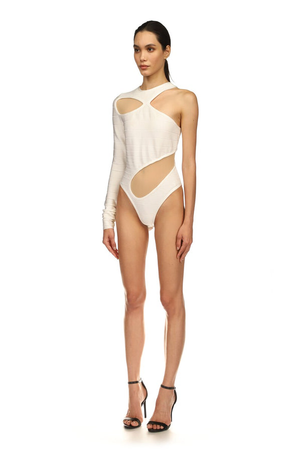 David Koma ASYMMETRIC RIB KNIT BODYSUIT IN WHITE WHITE/BEIGE