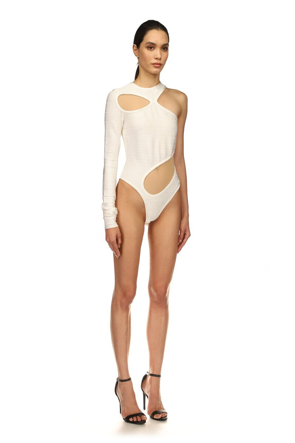 David Koma ASYMMETRIC RIB KNIT BODYSUIT IN WHITE WHITE/BEIGE