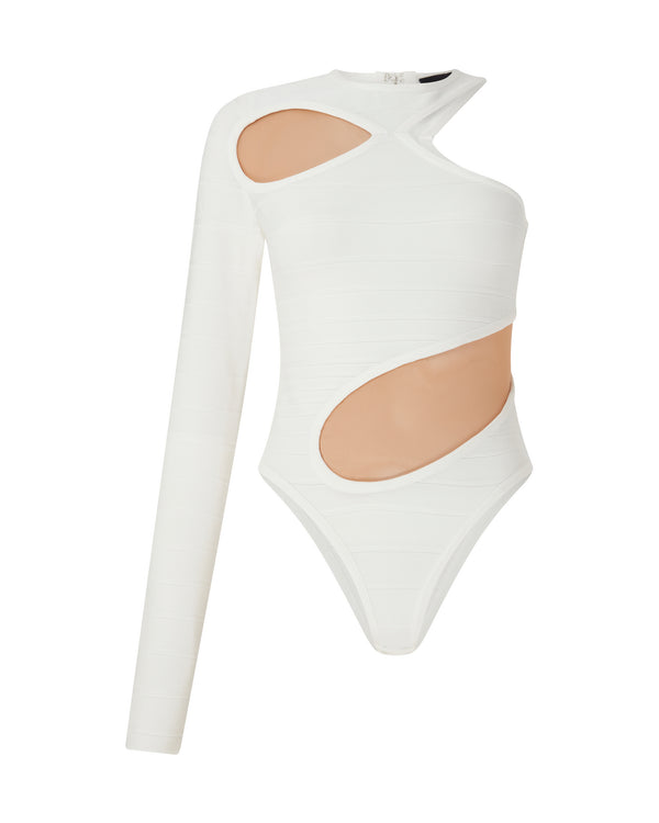 david koma ASYMMETRIC RIB KNIT BODYSUIT IN WHITE WHITE/BEIGE