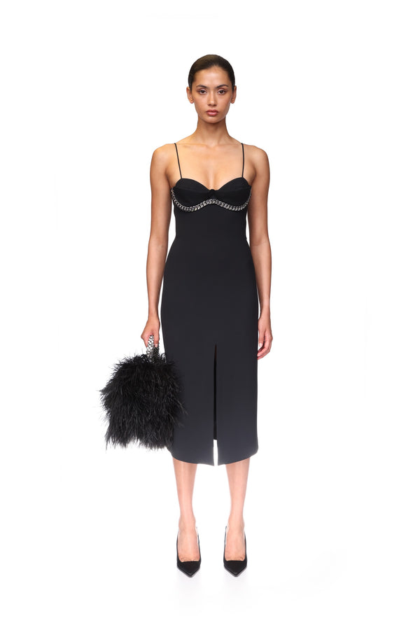 David Koma BALCONETTE BRA & CHUNKY CHAIN TRIM MIDI DRESS BLACK/SILVER