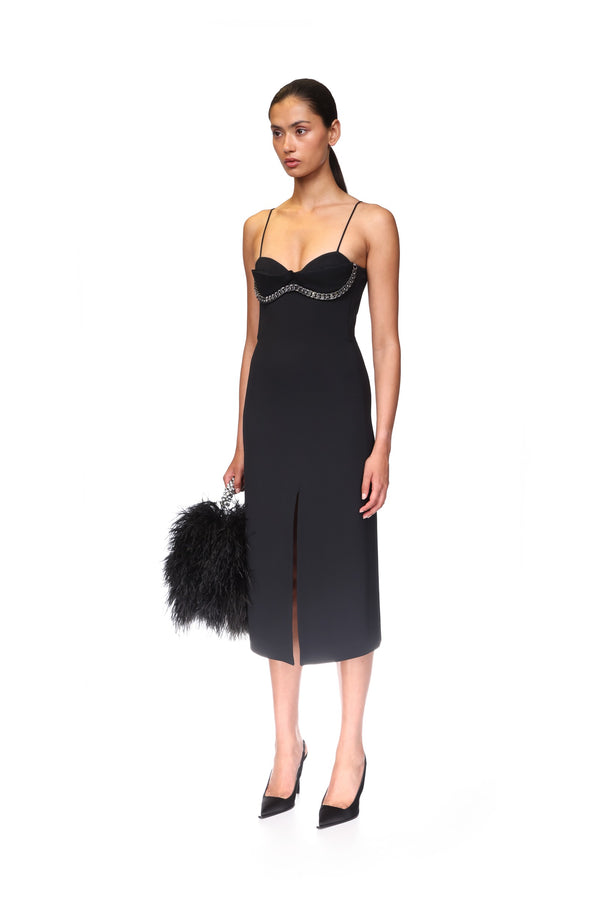 David Koma BALCONETTE BRA & CHUNKY CHAIN TRIM MIDI DRESS BLACK/SILVER