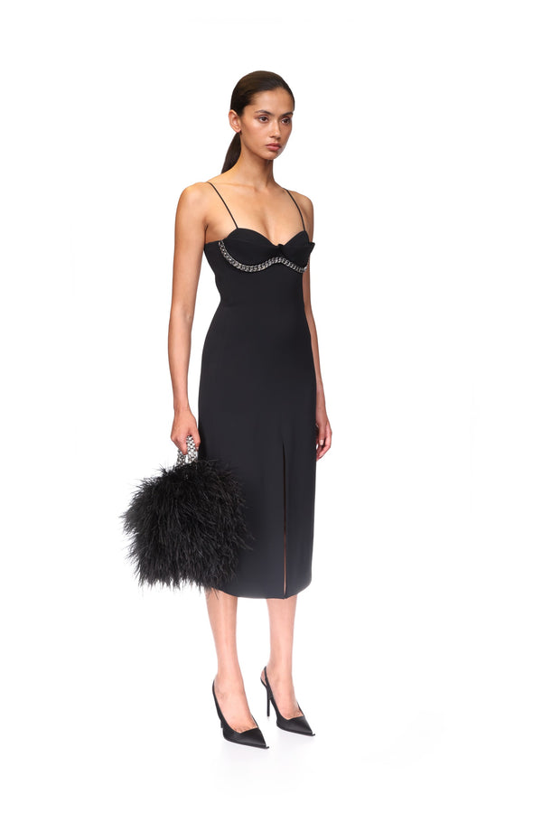 David Koma BALCONETTE BRA & CHUNKY CHAIN TRIM MIDI DRESS BLACK/SILVER