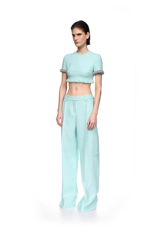David Koma BOUCLE AND CRYSTAL CHAIN CROP TOP MINT/SILVER