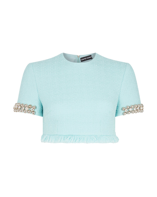 david koma BOUCLE AND CRYSTAL CHAIN CROP TOP MINT/SILVER