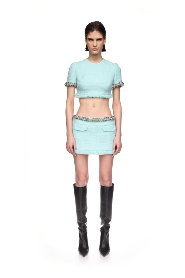 David Koma BOUCLE AND CRYSTAL CHAIN MINI SKIRT MINT/SILVER