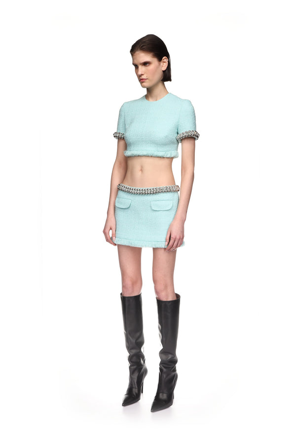 David Koma BOUCLE AND CRYSTAL CHAIN MINI SKIRT MINT/SILVER