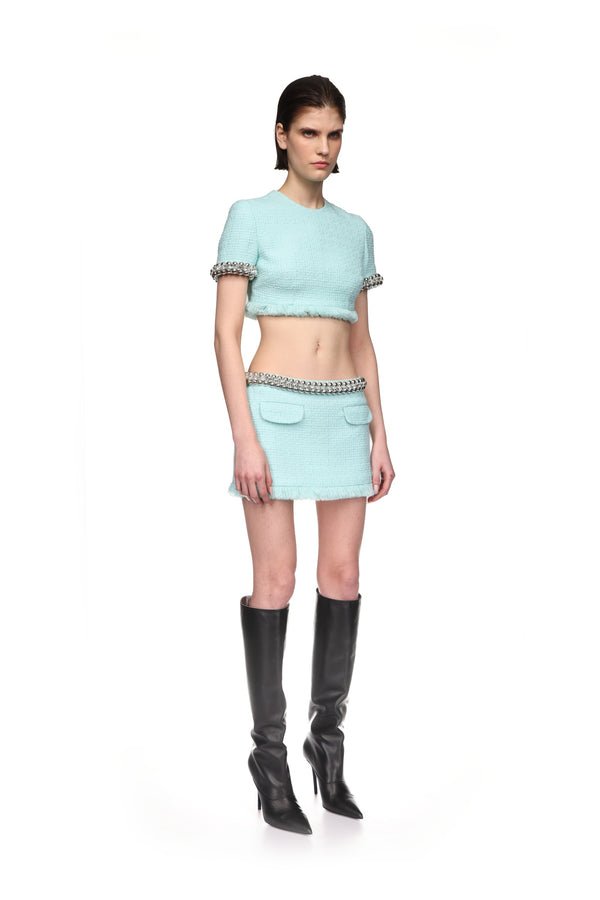 David Koma BOUCLE AND CRYSTAL CHAIN MINI SKIRT MINT/SILVER